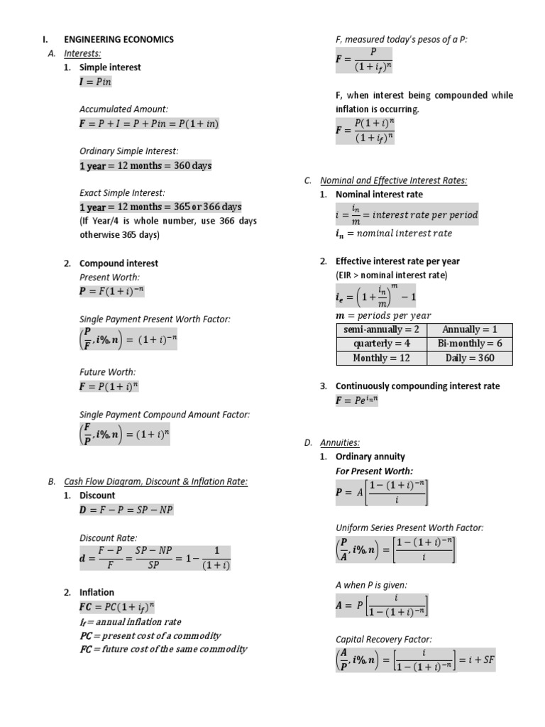 Engineering Economics Formulas Guide | PDF | Depreciation | Interest