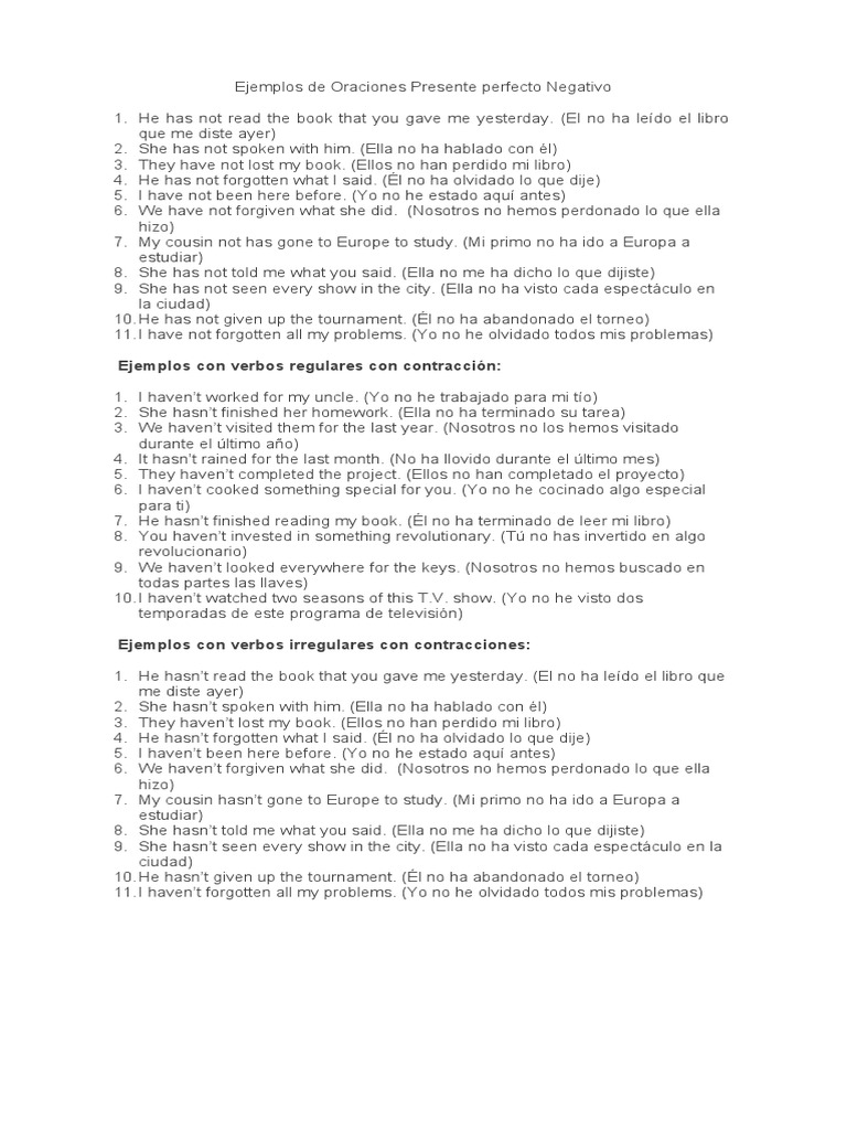 Ejemplos de Presente Perfecto Negativo | PDF