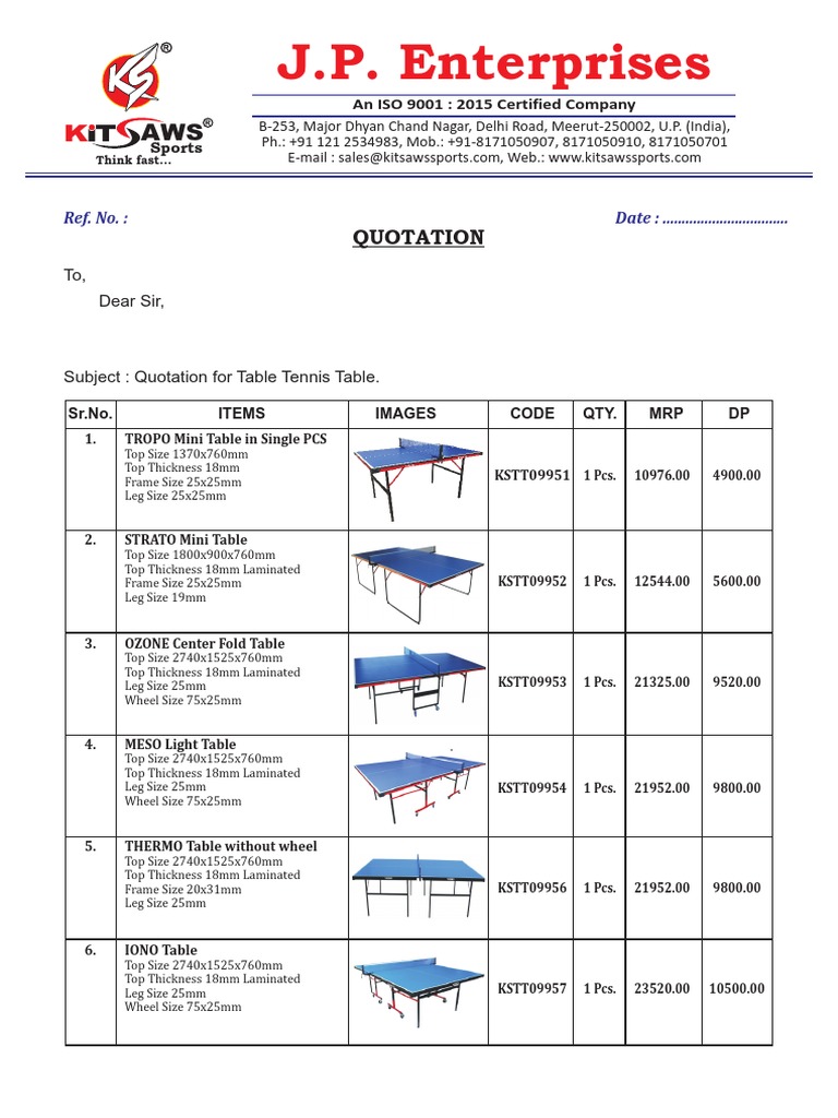 Table Tennis Table Quotation | PDF