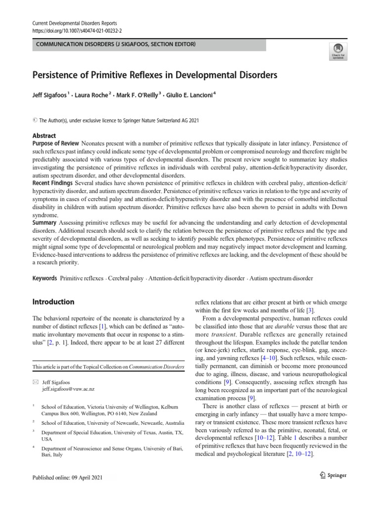 Persistence of Primitive Reflexes in Developmental Disorders | PDF