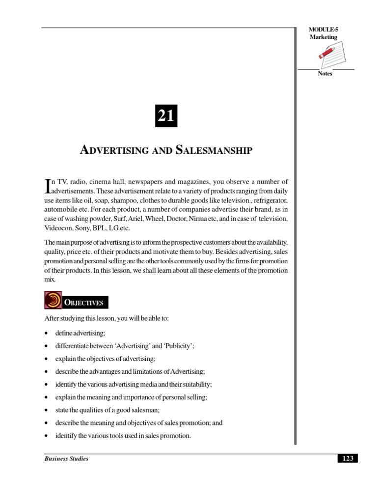 Advertising and Salesmanship Overview | PDF | Sales | Promotion (Marketing)