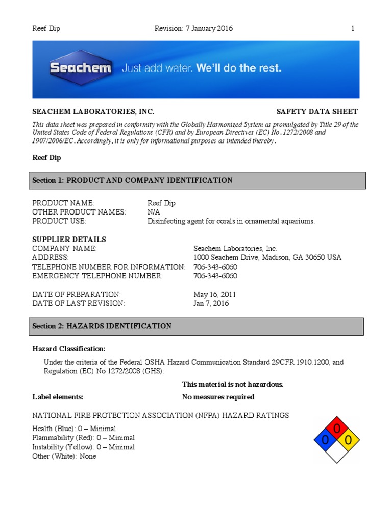 Seachem Laboratories, Inc. Safety Data Sheet PDF Workplace