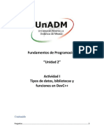 Fundamentos de Programación "Unidad 2" Actividad I Tipos de Datos, Bibliotecas Y Funciones en Devc++