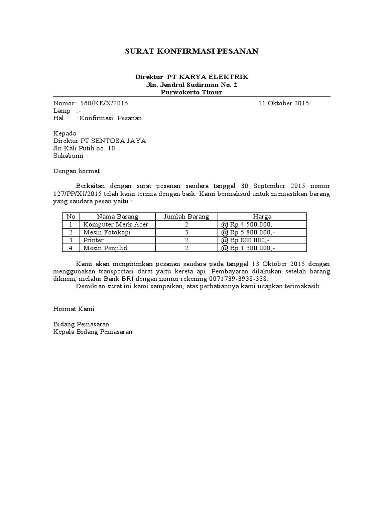 Contoh Surat Konfirmasi Pesanan | PDF