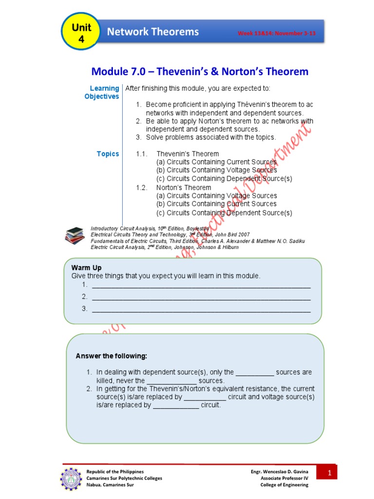 Module 7 thevenins and nortons theorem pdf electrical network