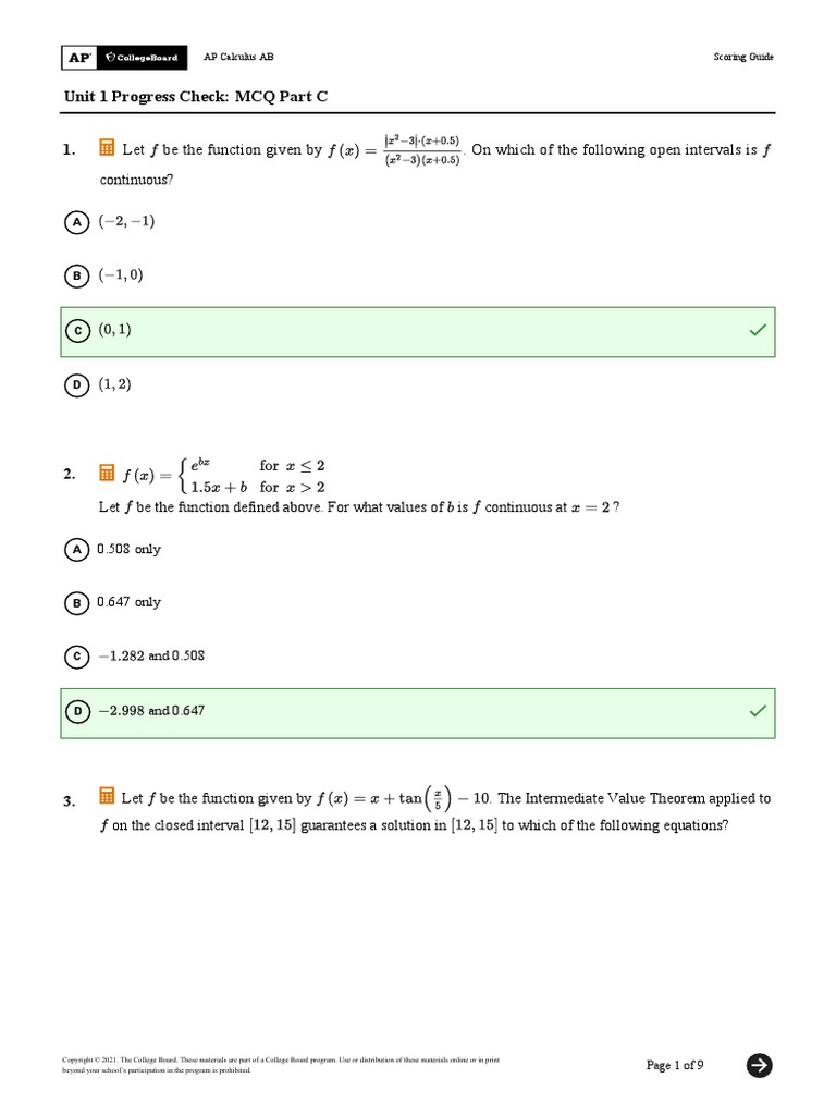 AB SG Unit 1 Progress Check MCQ Part C PDF Function (Mathematics