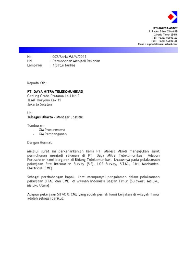 Surat an Rekanan PT Daya Mitra Telekomunikasi