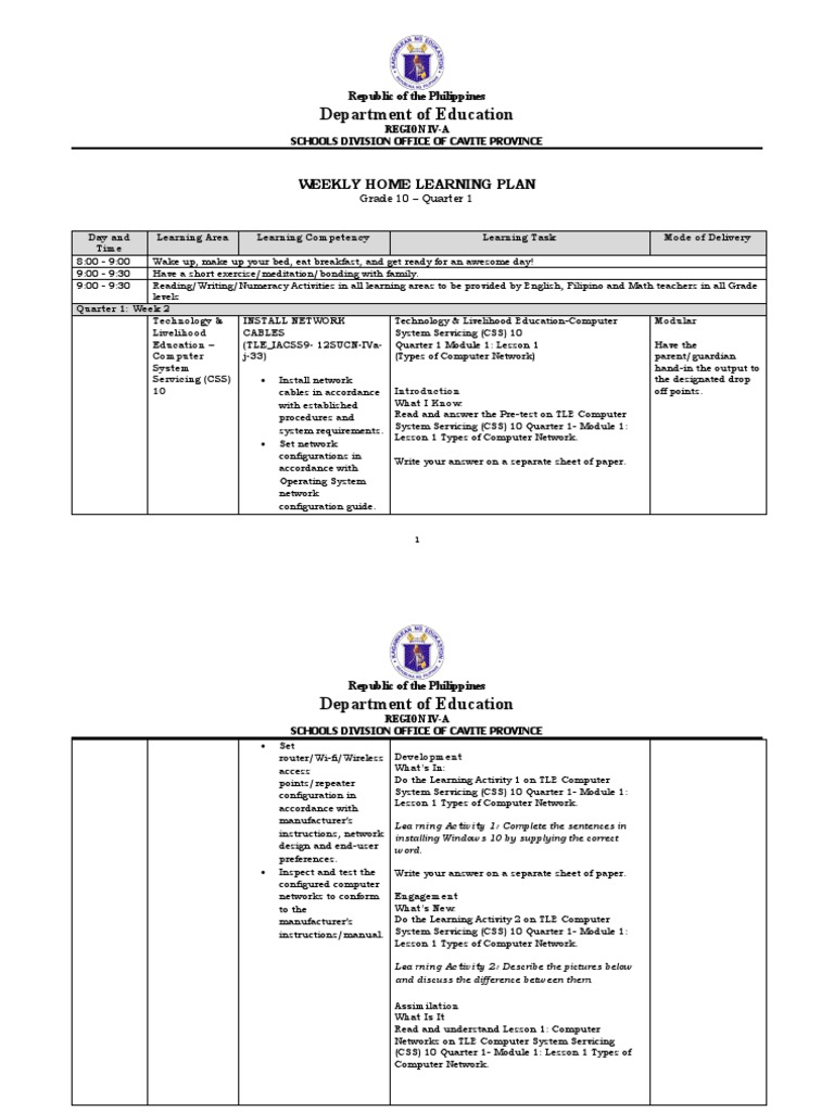 Grade 10 Weekly Learning Plan: TLE CSS | PDF | Computer Network ...