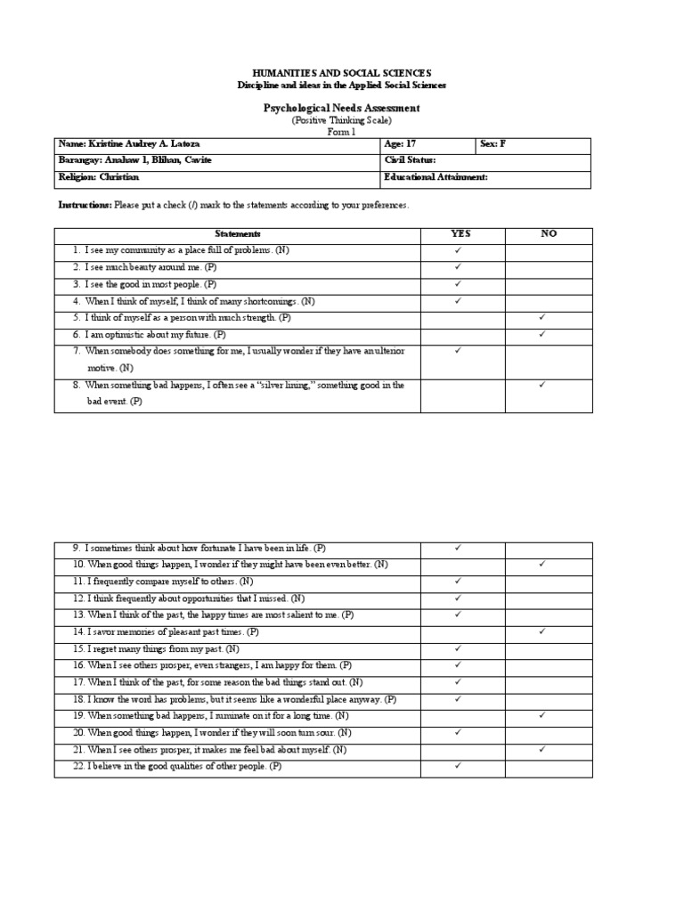 HUMANITIES AND SOCIAL SCIENCES POSITIVE THINKING SCALE | PDF | Applied ...
