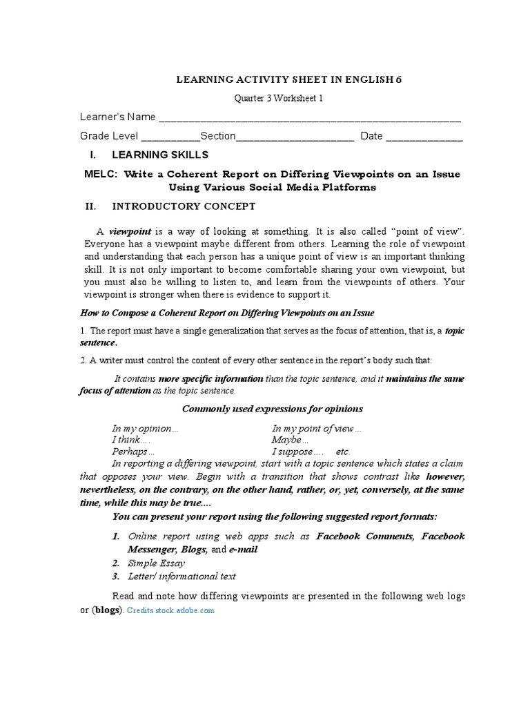 Learning activity sheet in english 6 quarter 3 worksheet 1 descargar