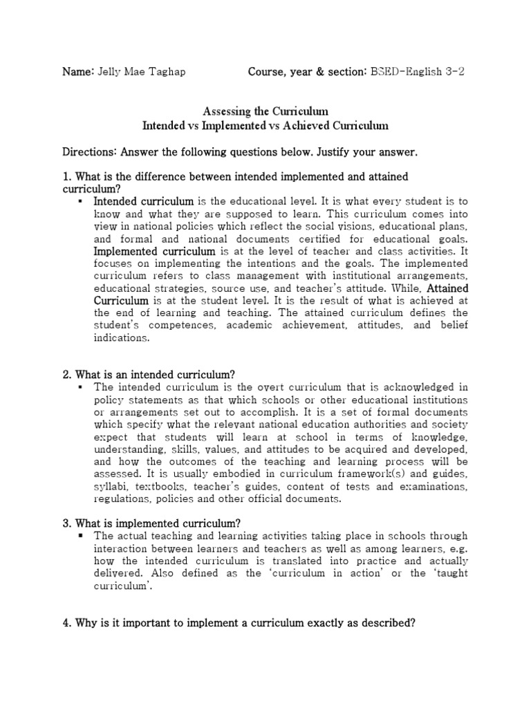 Intended, Implemented and Achieved Curriculum PDF Curriculum Teachers