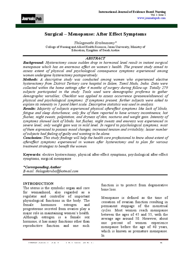 7 Surgical Menopause After Effect Symptoms PDF Menopause Estrogen