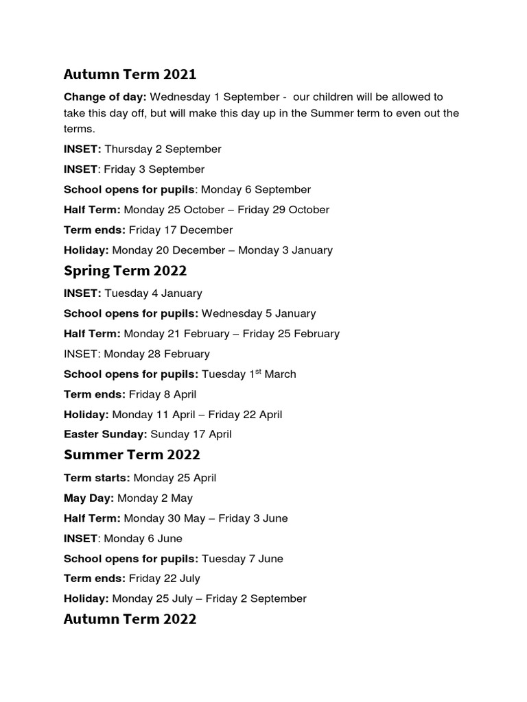 2021 2022 School Term Dates PDF