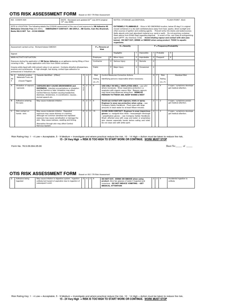 COSHH A04 3M Spray Adhesive PDF Risk Chemistry