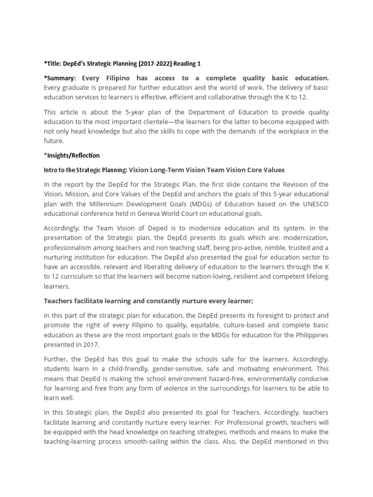 Professional Reading 1 AND 2 FOR STRATEGIC PLANNING | PDF | Teachers ...