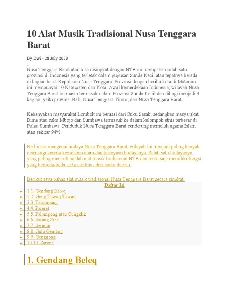 Alat Musik Tradisional Nusa Tenggara Barat | PDF | Seni & Disiplin Bahasa
