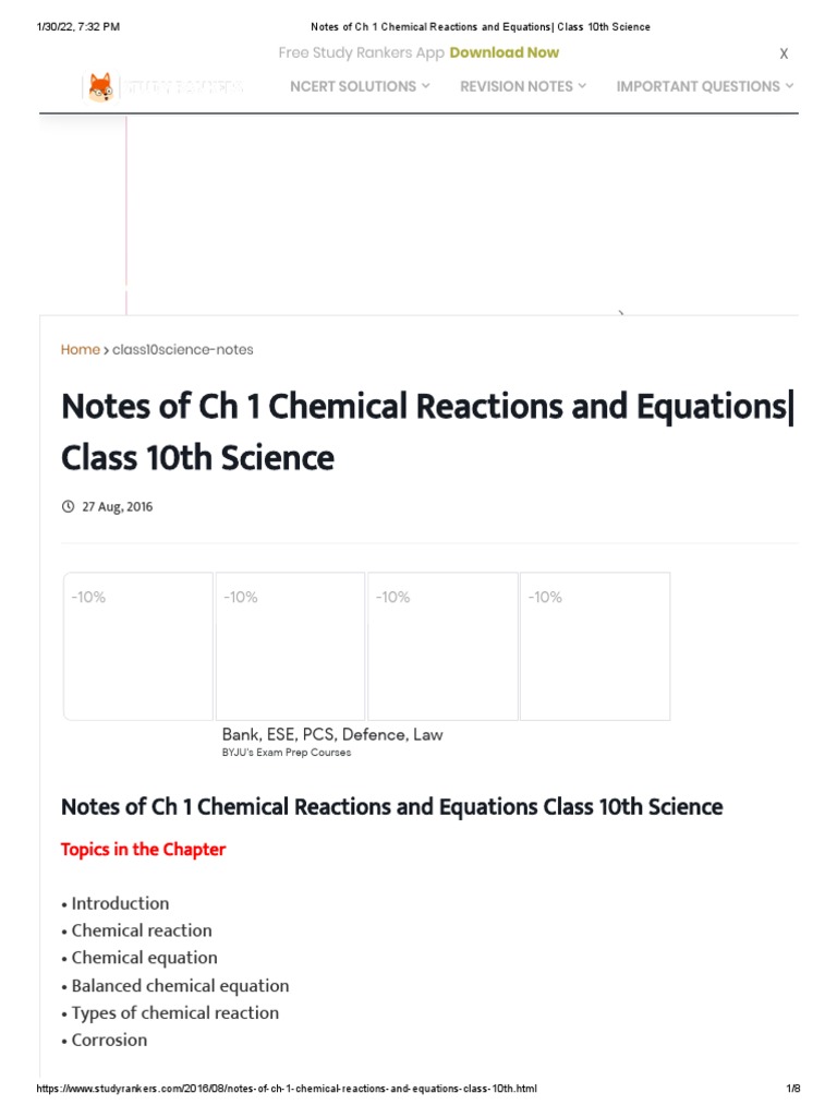 Notes of CH 1 Chemical Reactions and Equations - Class 10th Science ...