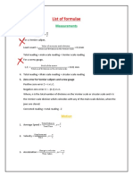 List of Formulae: Measurements