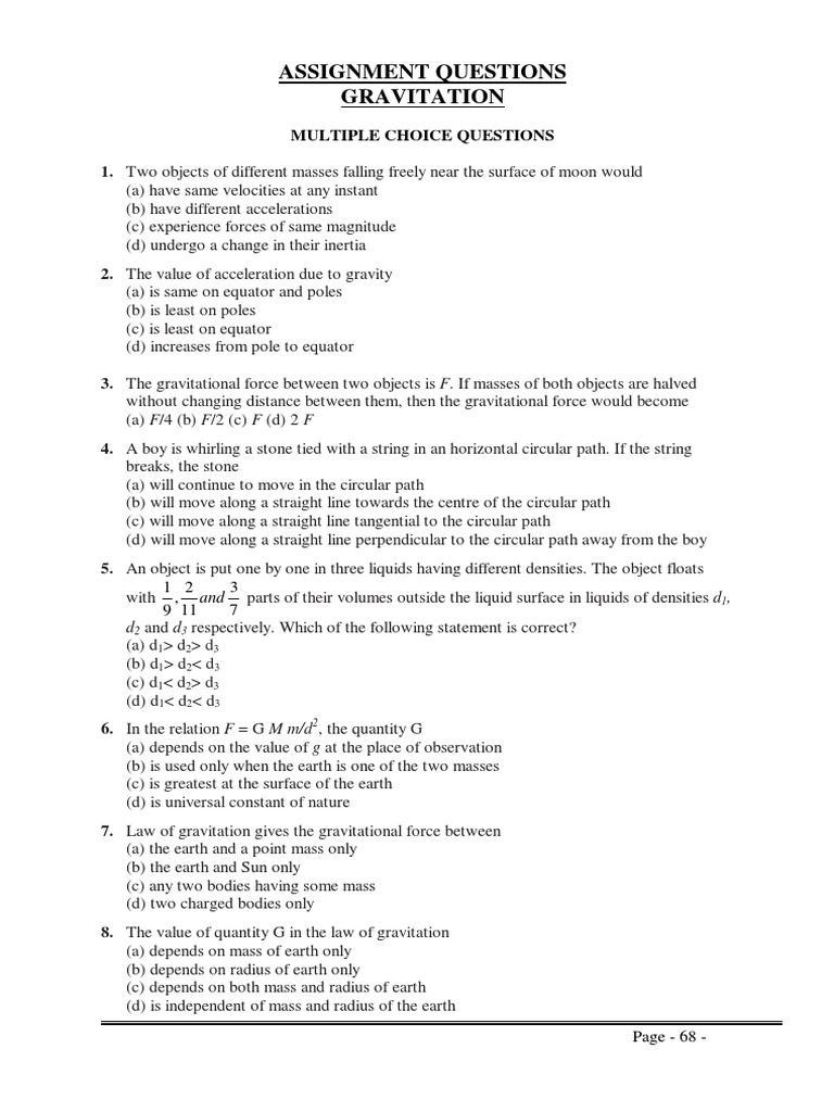 Class 9 Gravitation Assignment Worksheet | PDF | Gravity | Mass