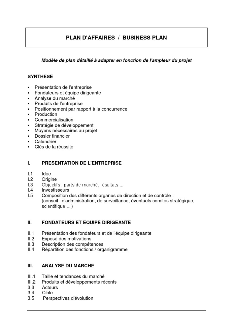 exemplaire du business plan pdf
