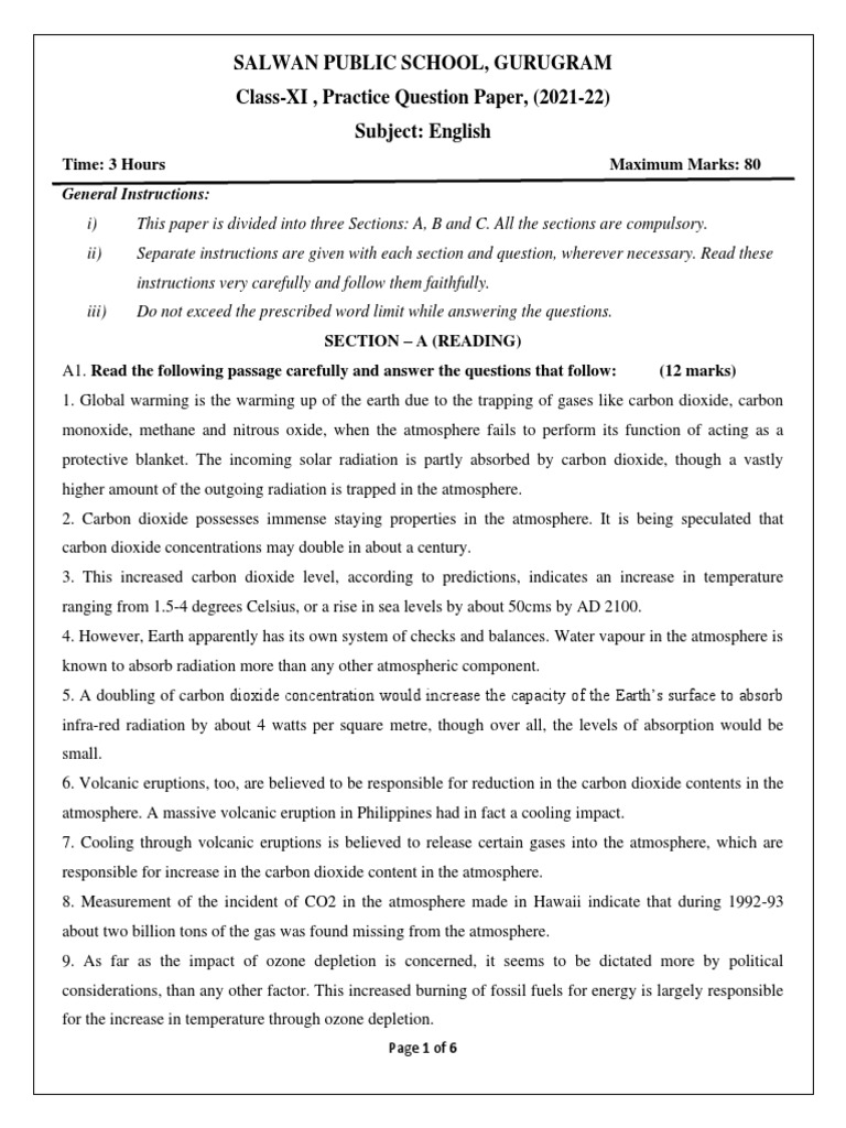 Salwan Public School, Gurugram Class-XI, Practice Question Paper, (2021 ...