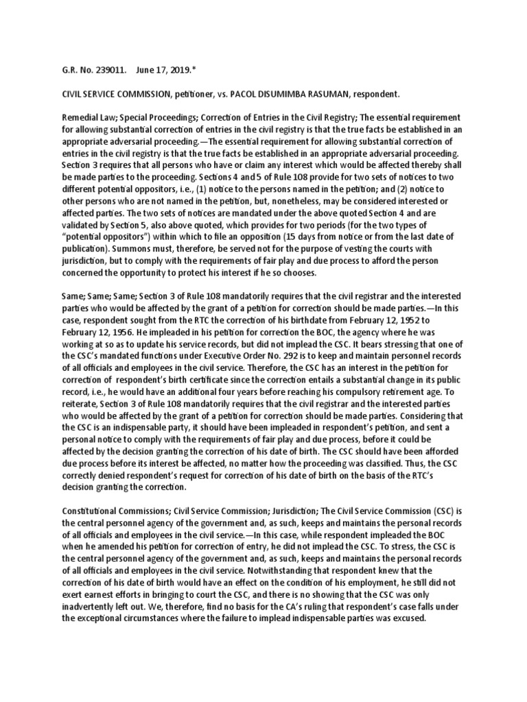 SPEC PRO 259. Civil Service Commission v. Rasuman, GR No. 239011, June 17, 2019 PDF In Rem