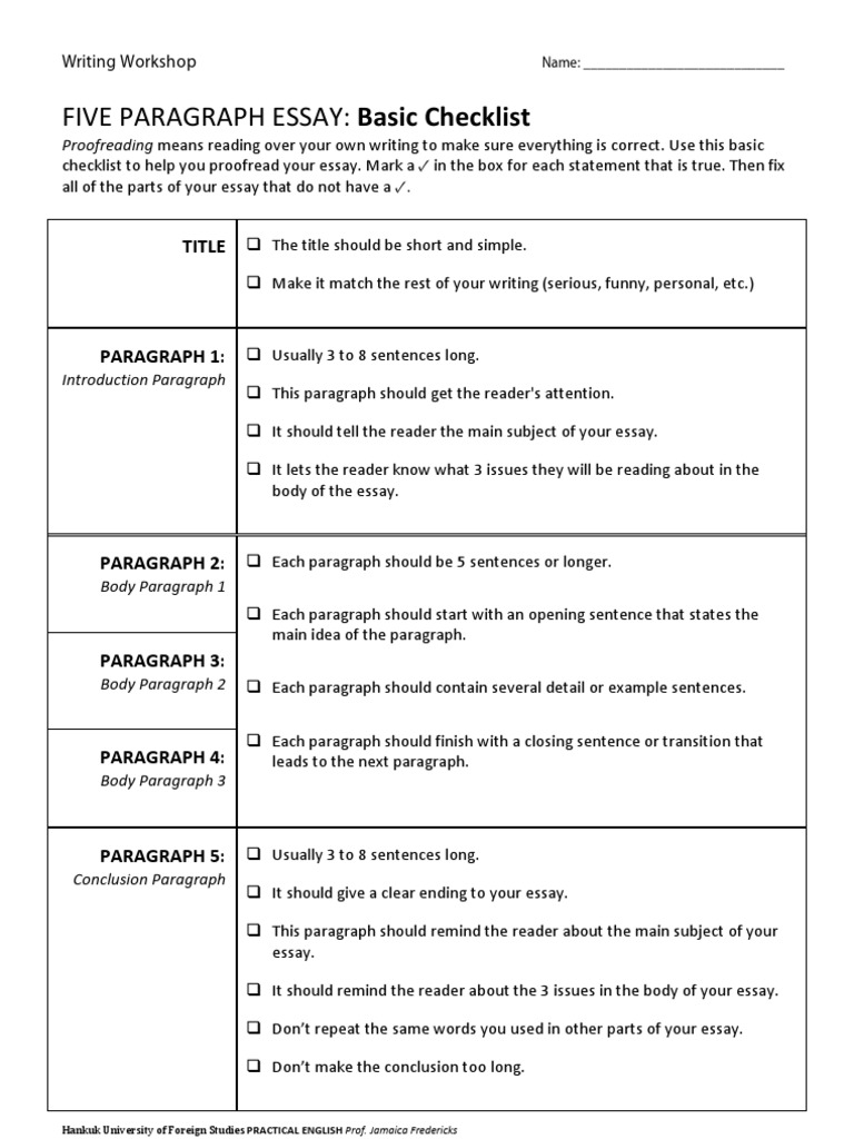 5 paragraph essay checklist pdf