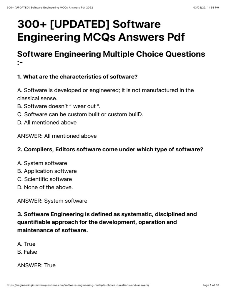 300+ (UPDATED) Software Engineering MCQs Answers PDF 2022 PDF