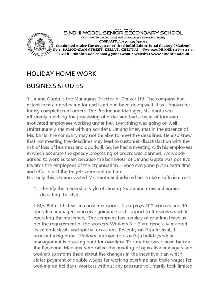 Holiday Home Work Business Studies Pdf Employment Overtime