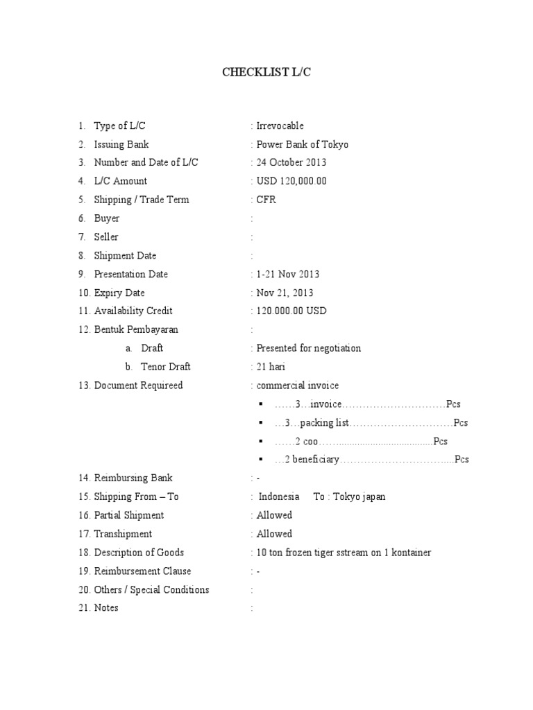 L/C Checklist for Tiger Shipment | PDF | Business