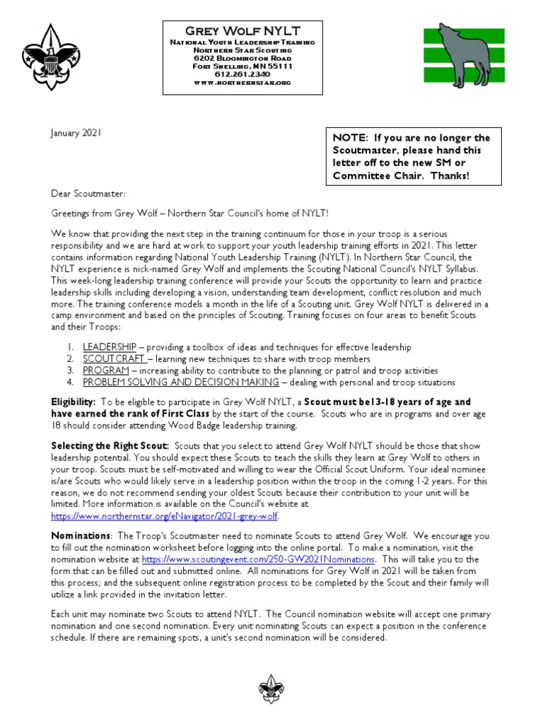 Grey Wolf NYLT 2021 Nomination Guide | PDF | Scouting | Youth Movements