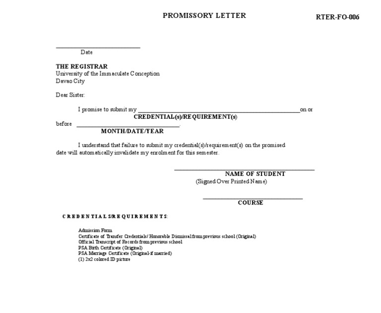 Promissory Letter Template Pdf