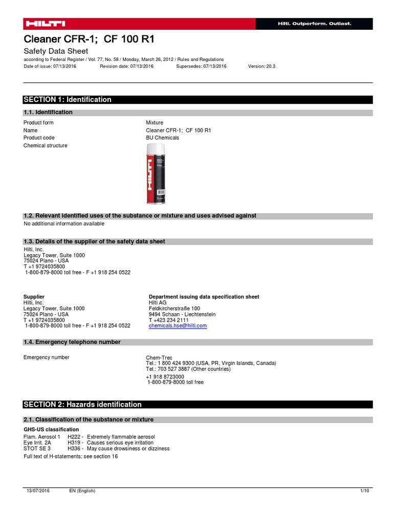 Safety Data Sheet for Cleaner CFR-1 | PDF | Dangerous Goods | Firefighting