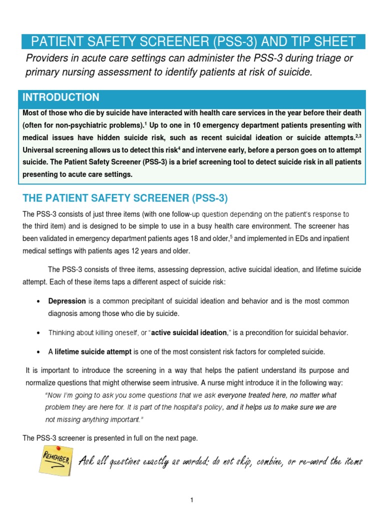 PSS-3: Suicide Risk Screening Guide | PDF | Suicide | Emergency Department