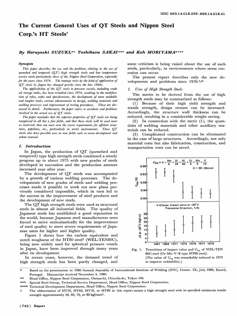 The Current General Uses of QT Steels and Nippon Steel Corp.'s HT