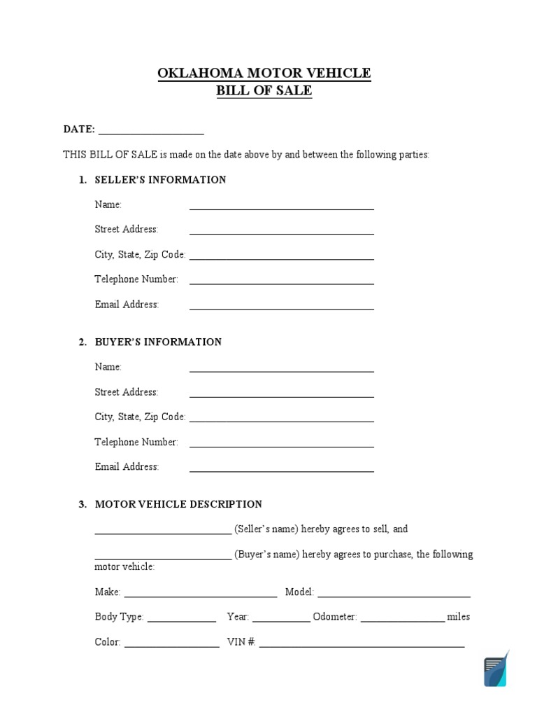 Oklahoma Motor Vehicle Bill of Sale DATE PDF Sales Taxes