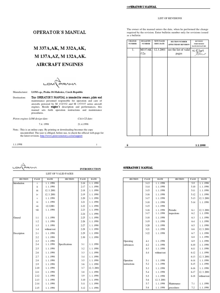 LOM Aircraft Engines Operator's Manual | PDF | Pump | Piston