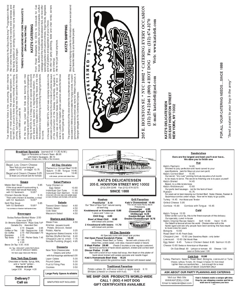 Katz's Deli Menue Beef Hamburgers