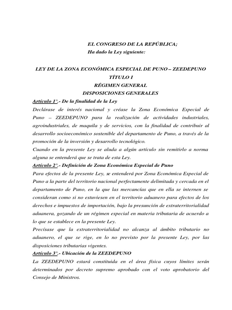Ley de la Zona Económica Especial Puno | PDF | aduana | Regulación