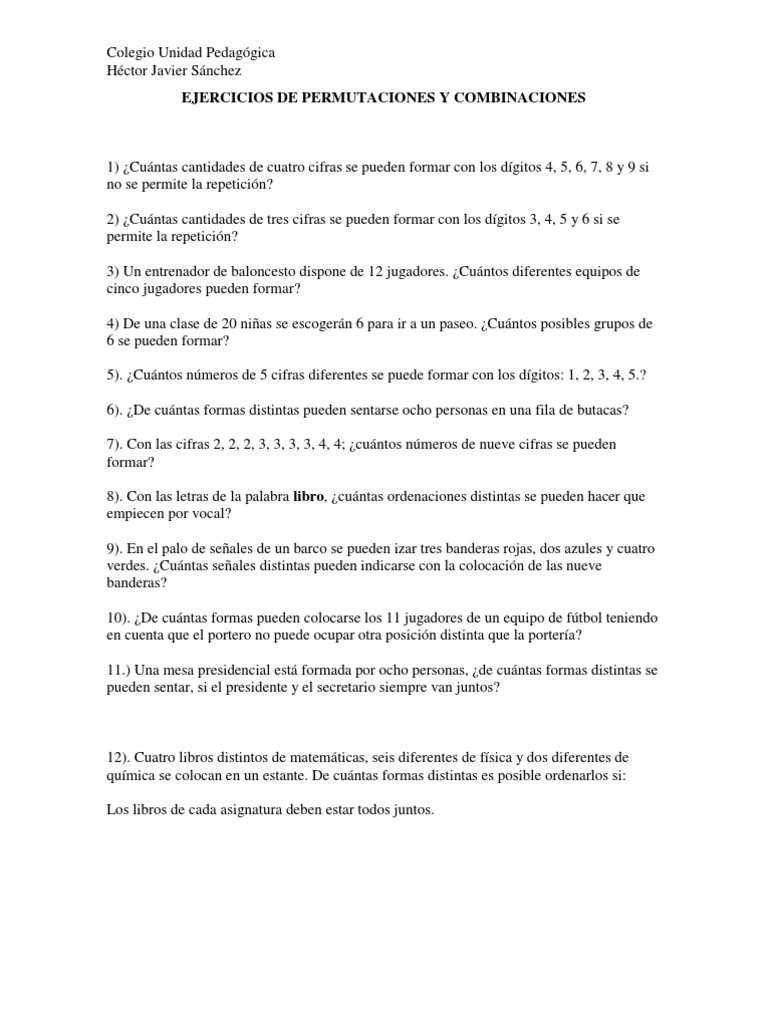 Ejercicios de Permutaciones y Combinaciones | PDF | Permutación ...
