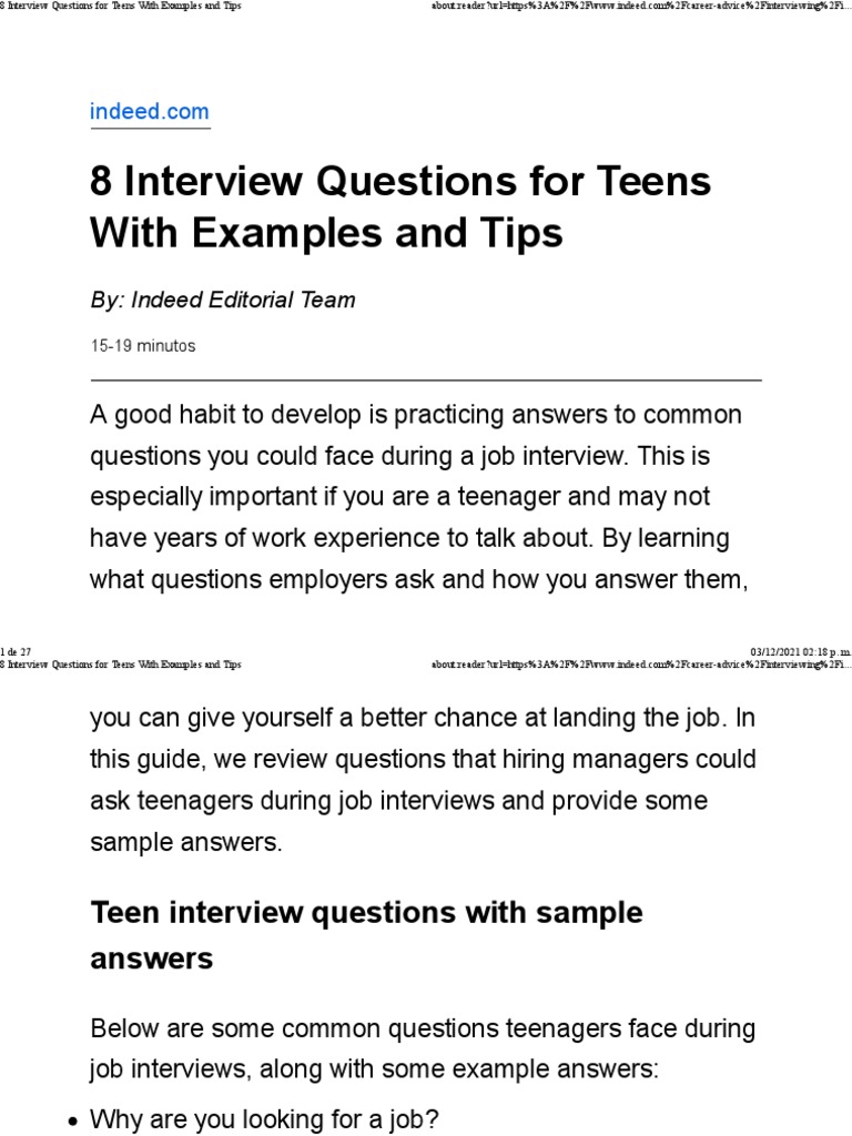 8 Interview Questions For Teens With Examples and Tips PDF Job