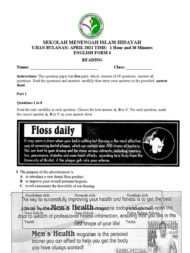 English Exam Paper for Form 4 Students | PDF