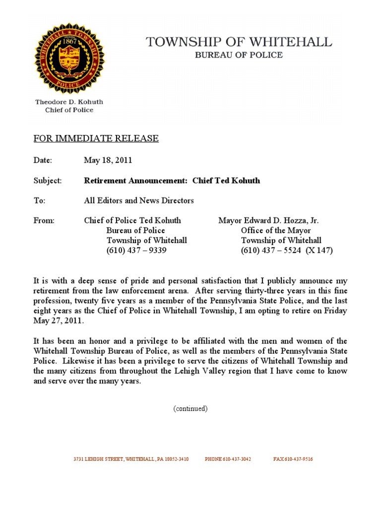 Chief Ted Kohuth Retirement Announcement | PDF | Politics | Law