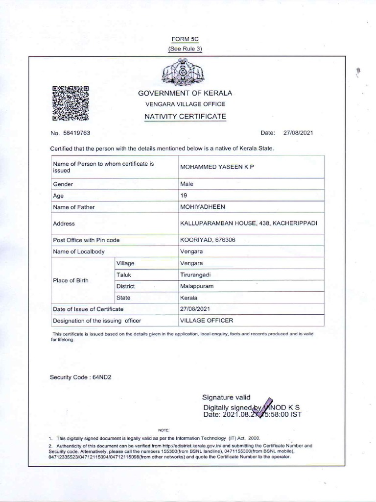 Nativity Certificate PDF