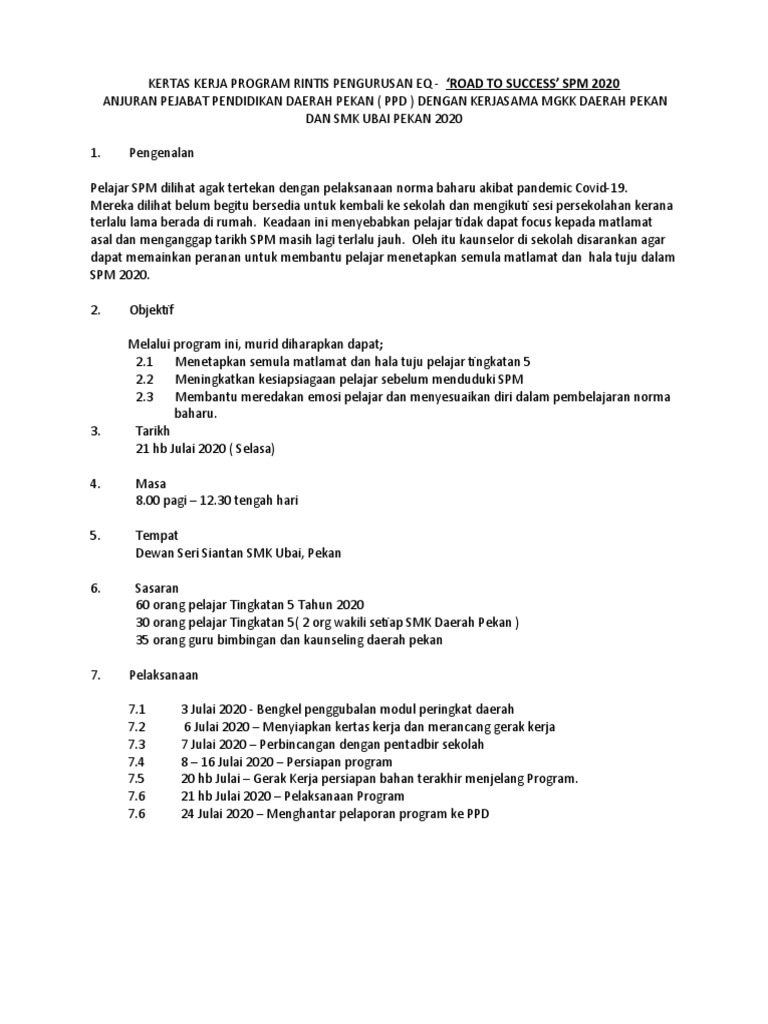 Kertas Kerja Program Road To Success 2020 | PDF
