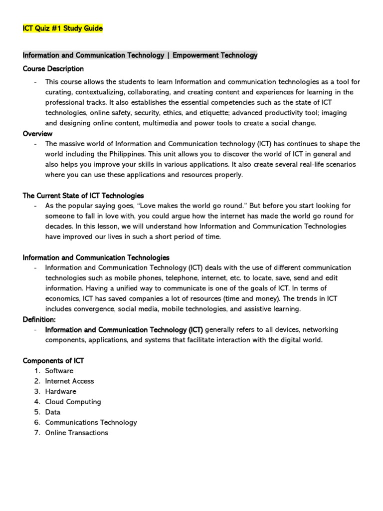 ICT Quiz #1 Study Guide Overview | PDF | World Wide Web | Internet & Web