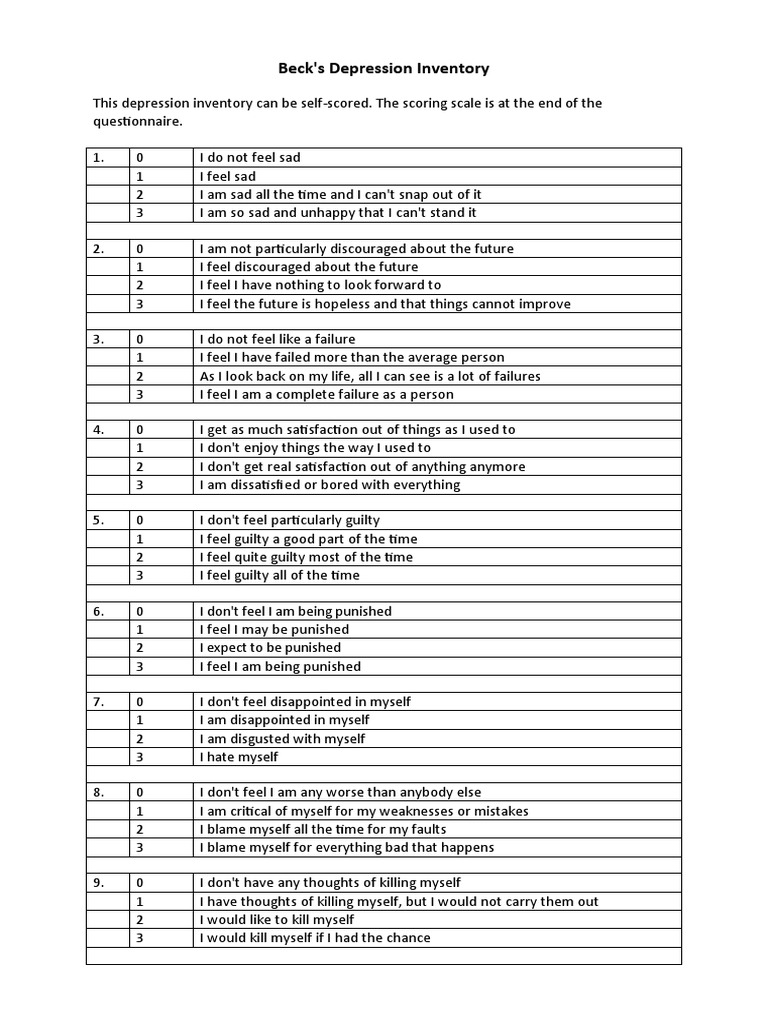 Beck's Depression Inventory - 0 | PDF | Depression (Mood) | Diseases ...