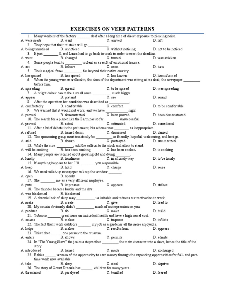 Verb Patterns Exercise Worksheet | PDF | Health Sciences