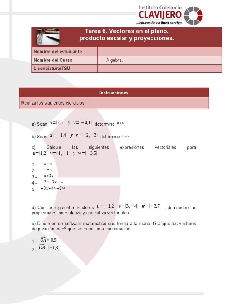 Tarea 6. Vectores en El Plano, Producto Escalar y Proyecciones | PDF