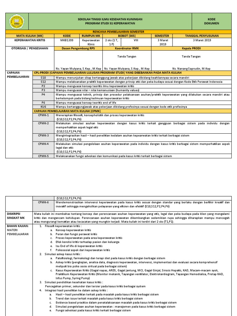 RPS Keperawatan Kritis | PDF | Sains & Matematika